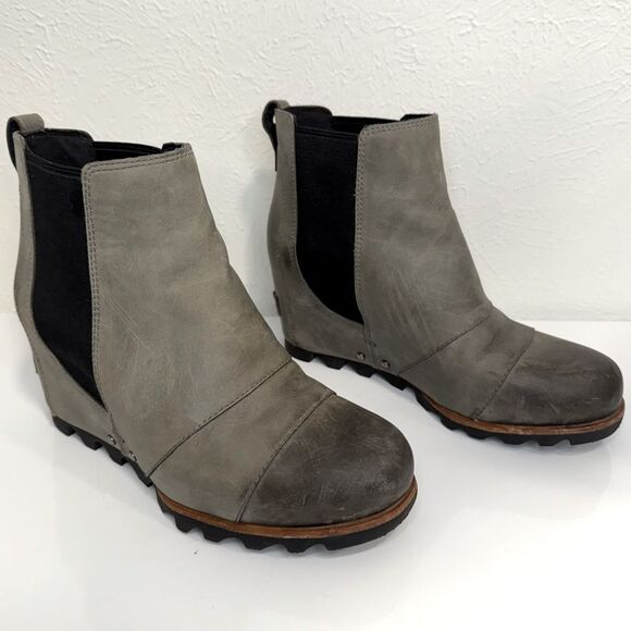Sorel Lea Wedge Joan of Arctic Gray Leather Round Toe Pull-On Booties, Size 7 - Picture 1 of 7